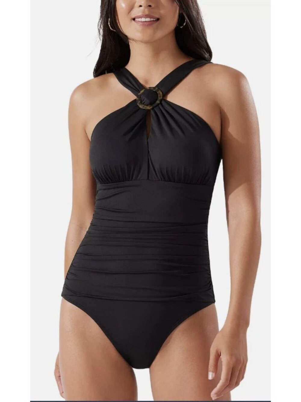 Tommy Bahama Tummy Control Black Halter One-Piece Swimsuit Sz 14 New